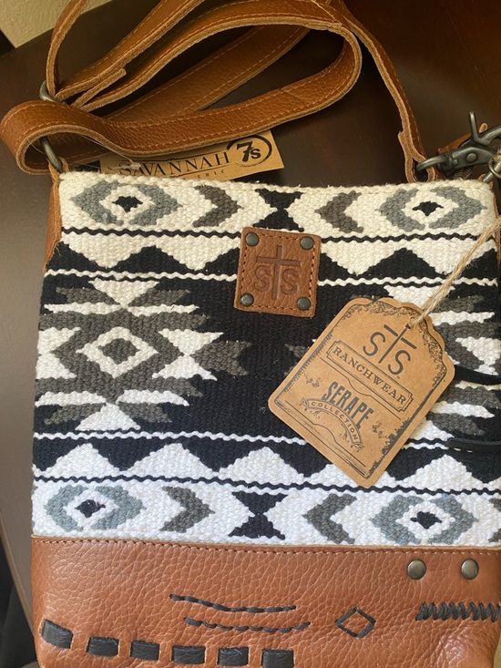 STS Ranchwear Handbags - STS Ranchwear Black White Gray Serape Crossbody with Brown Leather Trim